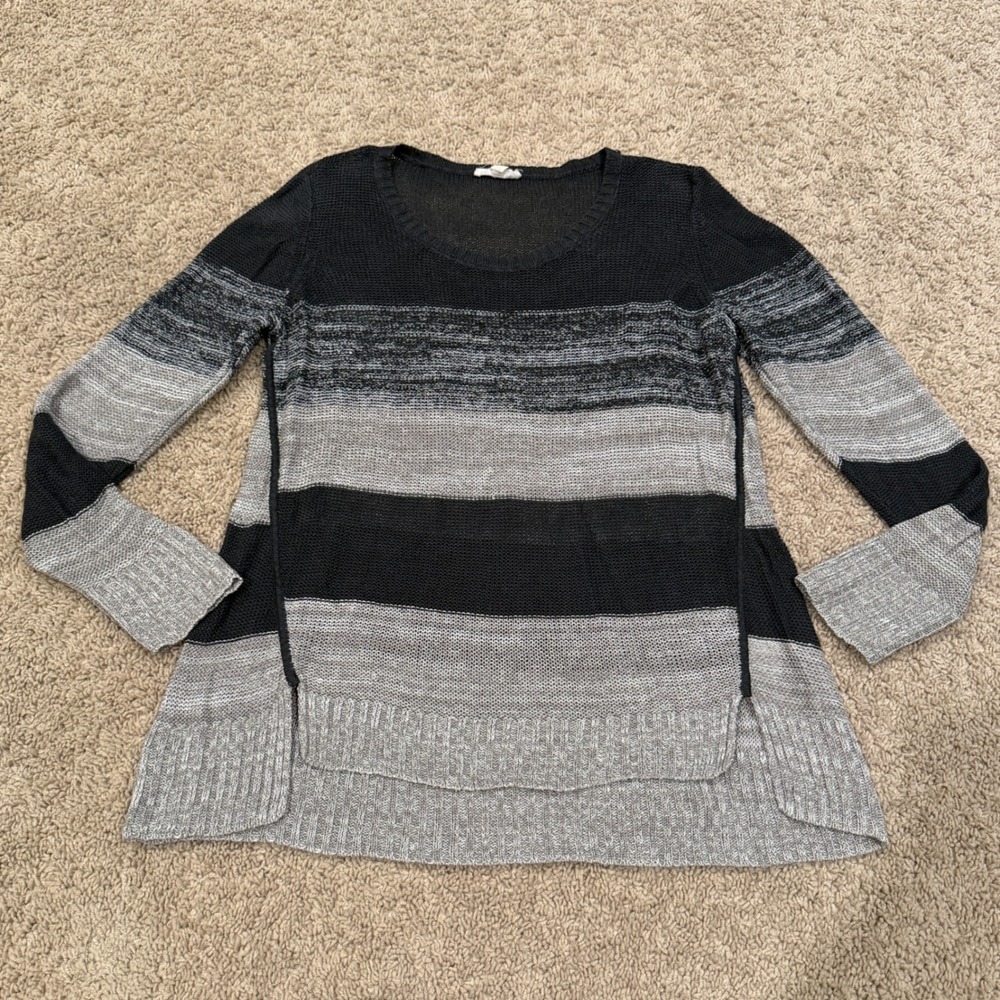 EILEEN‎ FISHER Women's Striped Organic Linen Open Knit Sweater Size M Black Grey